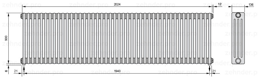 Схема (чертеж) Радиатор Zehnder Charleston 4090/44 №3570 Белый глянцевый RAL 9016
